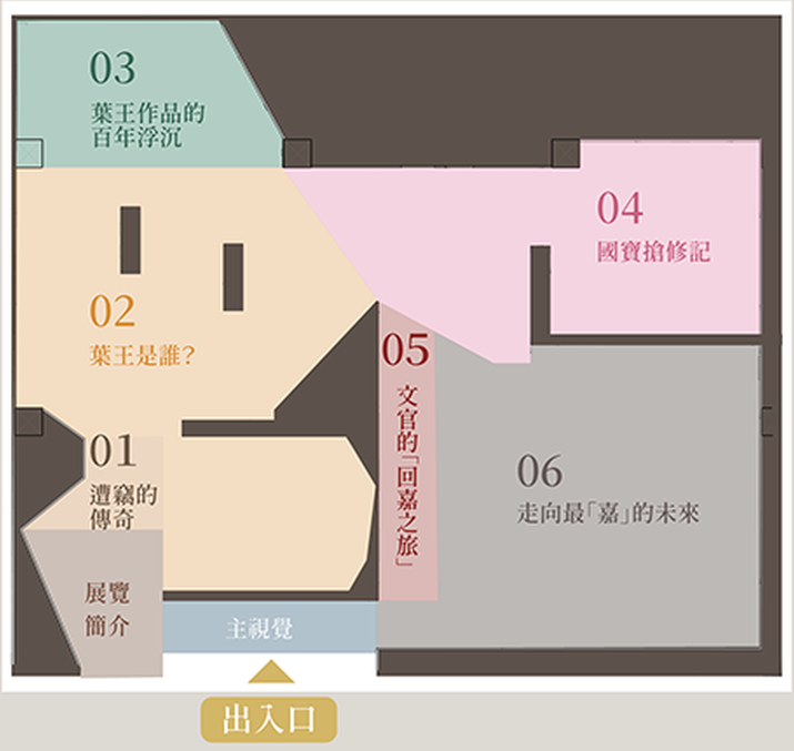 展場平面圖，六個主題展區的配置。